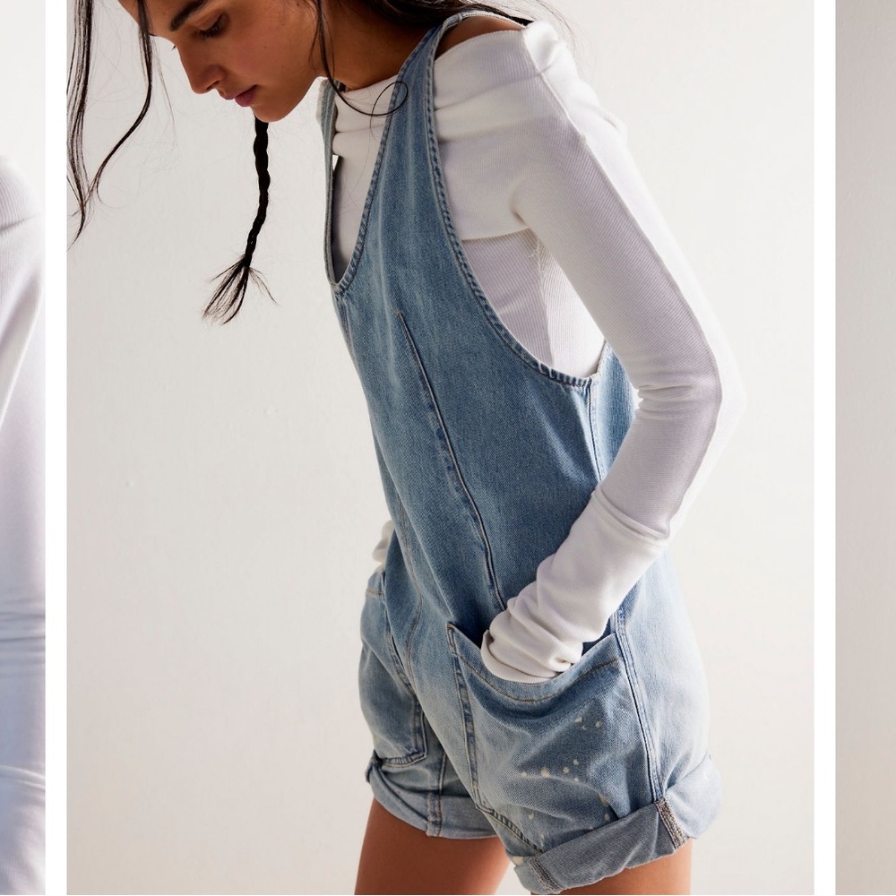 Free People We The Free Shortall Romper in Bright Eyes Blue Denim Size L - Picture 2 of 15